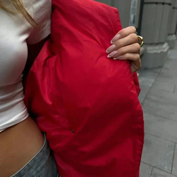 Red Casual Women's Big Lapel Padded Jacket - Picture 9 of 9